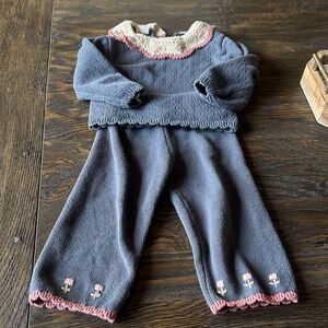 Zara Charcoal Knit Top and Pant Set with Pink and Cream Collar